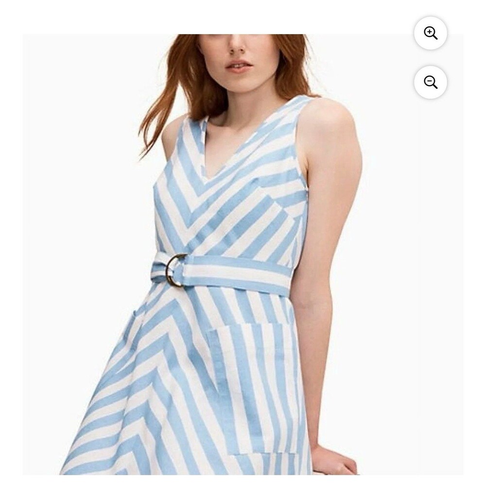 Kate Spade Deck Blue White Stripe Linen Blend V Neck Midi Dress Size 0 Belted